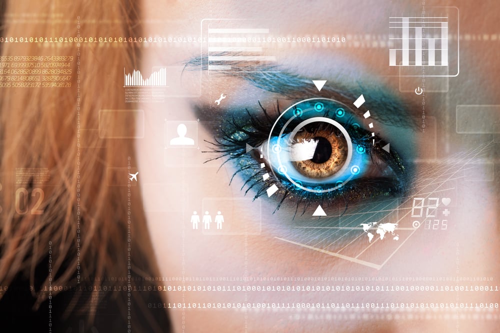 Future woman with cyber technology eye panel concept